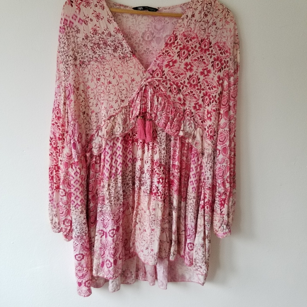 Zara Pink Floral V- Neck Tassel Boho Oversize Tunic Mini Dress Size Medium - Picture 10 of 13